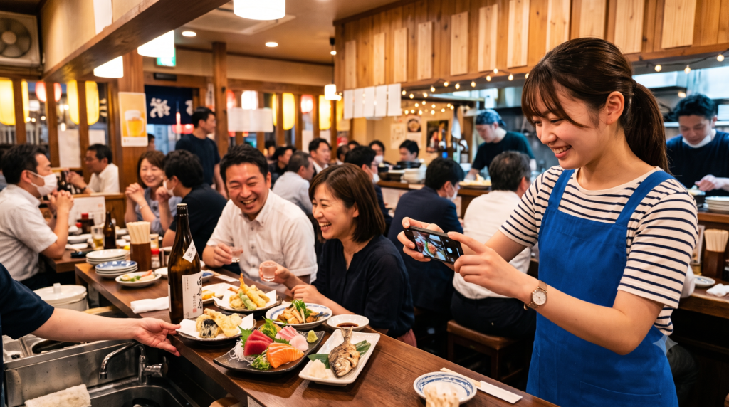 スマートフォンで料理を写真に残す飲食店スタッフと賑わう店内の様子