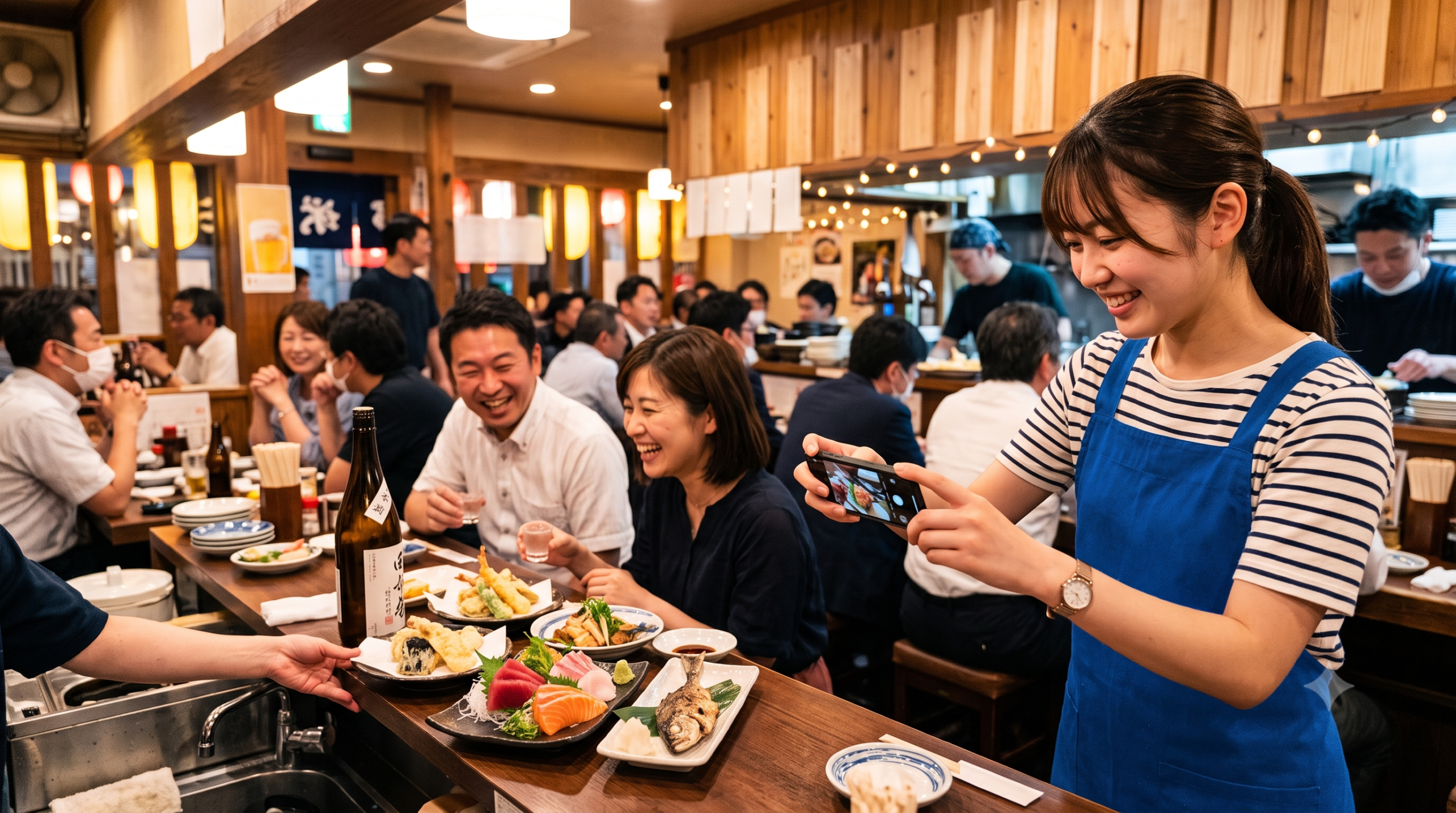 スマートフォンで料理を写真に残す飲食店スタッフと賑わう店内の様子