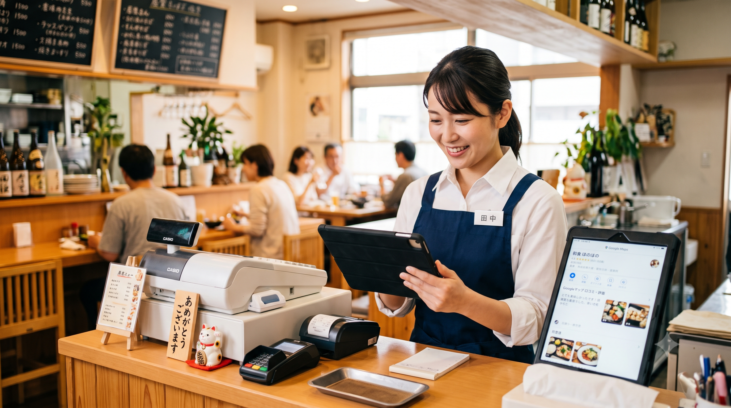 口コミを確認する小規模飲食店の女性スタッフ