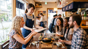 明るい店内でスタッフが外国人観光客にメニューを手渡している様子
