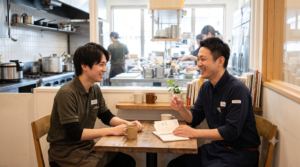 厨房で先輩スタッフが若いスタッフに仕事を紹介している飲食店の情景