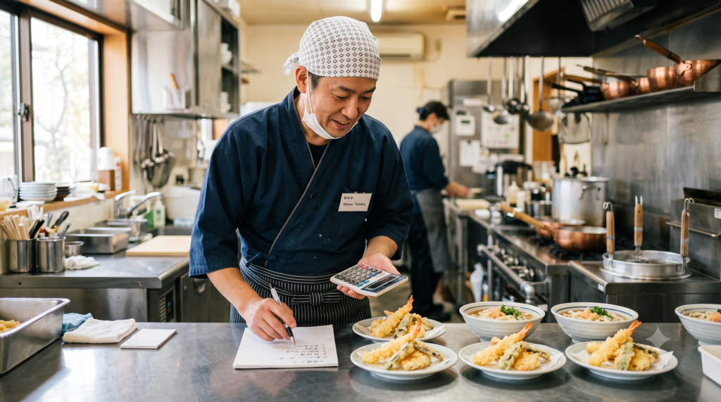厨房で新メニューの試作皿を並べ、電卓とメモを手に工程数を数える店主