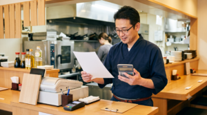 厨房で電卓と紙を手に価格を確認する飲食店の店主