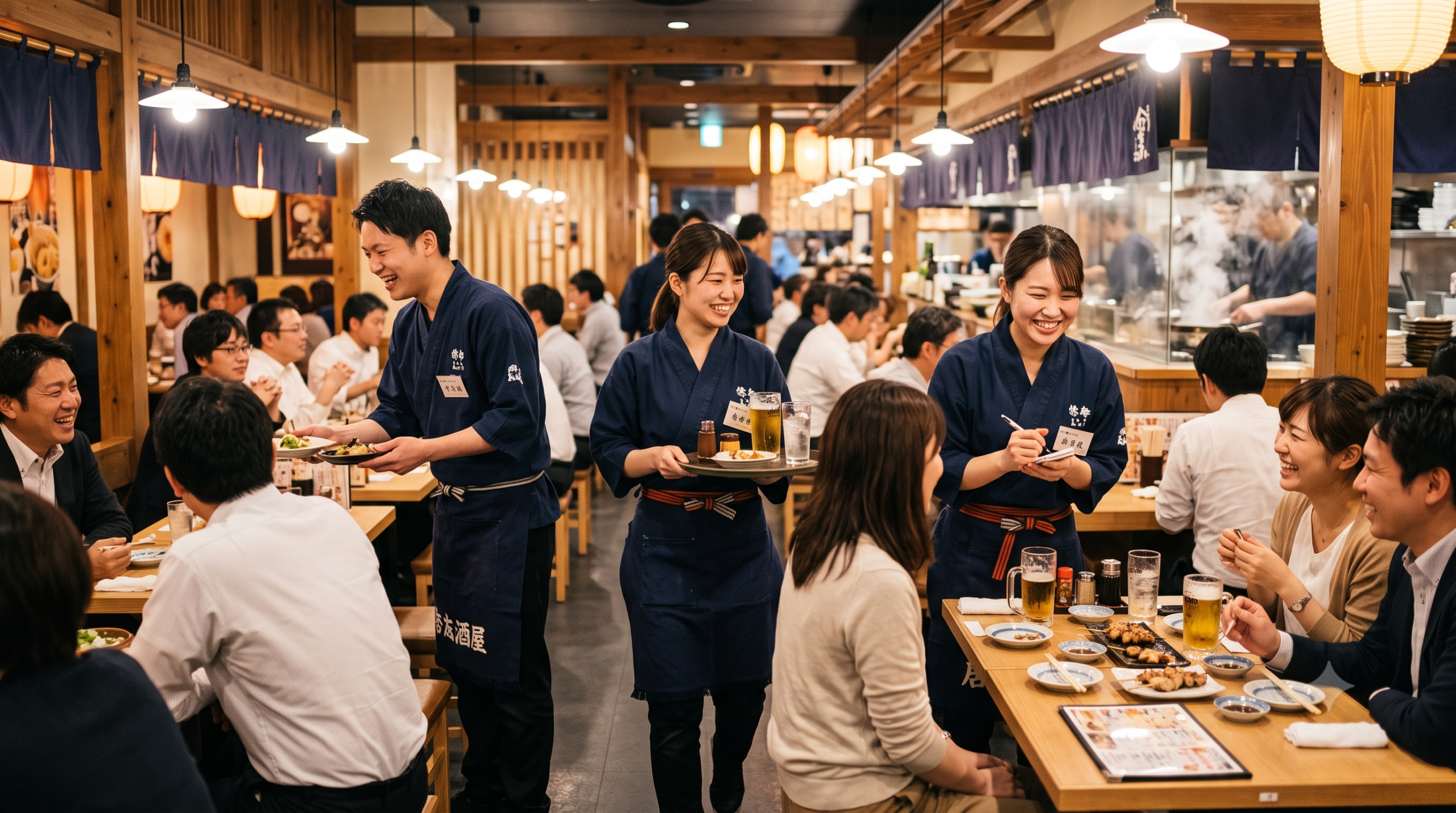 賑わう日本の飲食店ホールでスタッフが笑顔で接客する様子