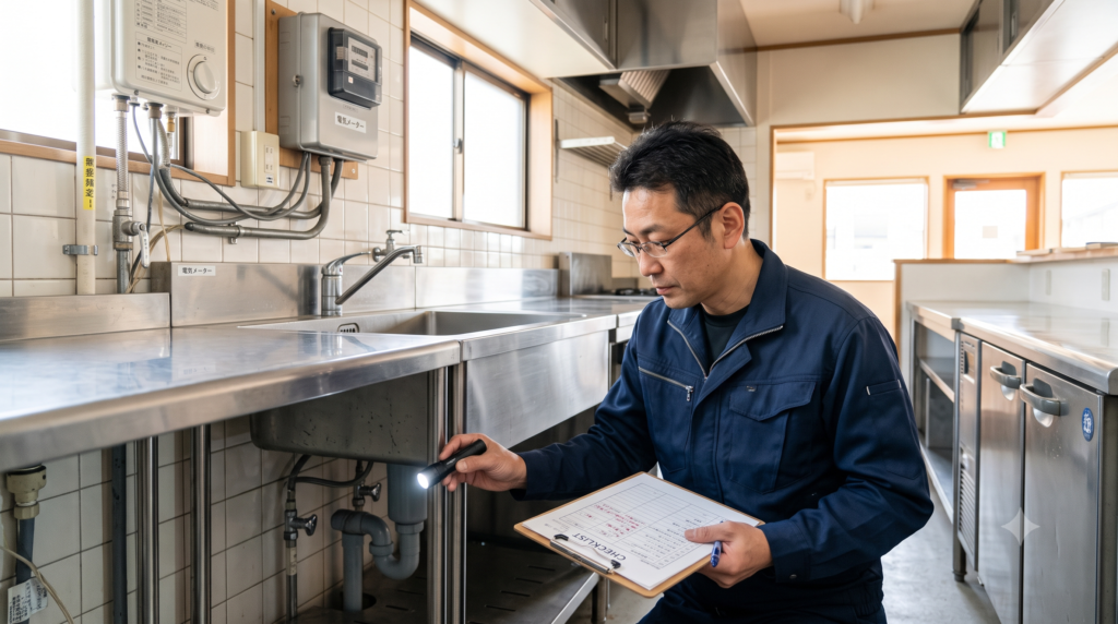居抜き物件の内見で厨房設備とチェックリストを確認する店主
