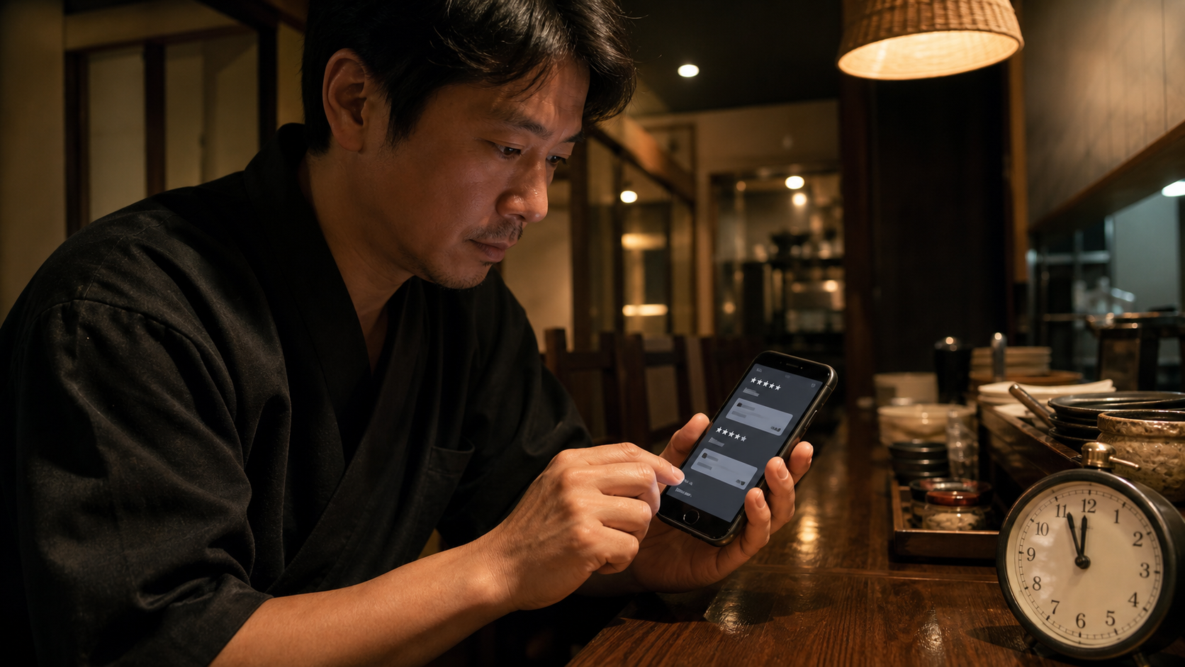 閉店後にスマートフォンで口コミへ返信する飲食店の店主