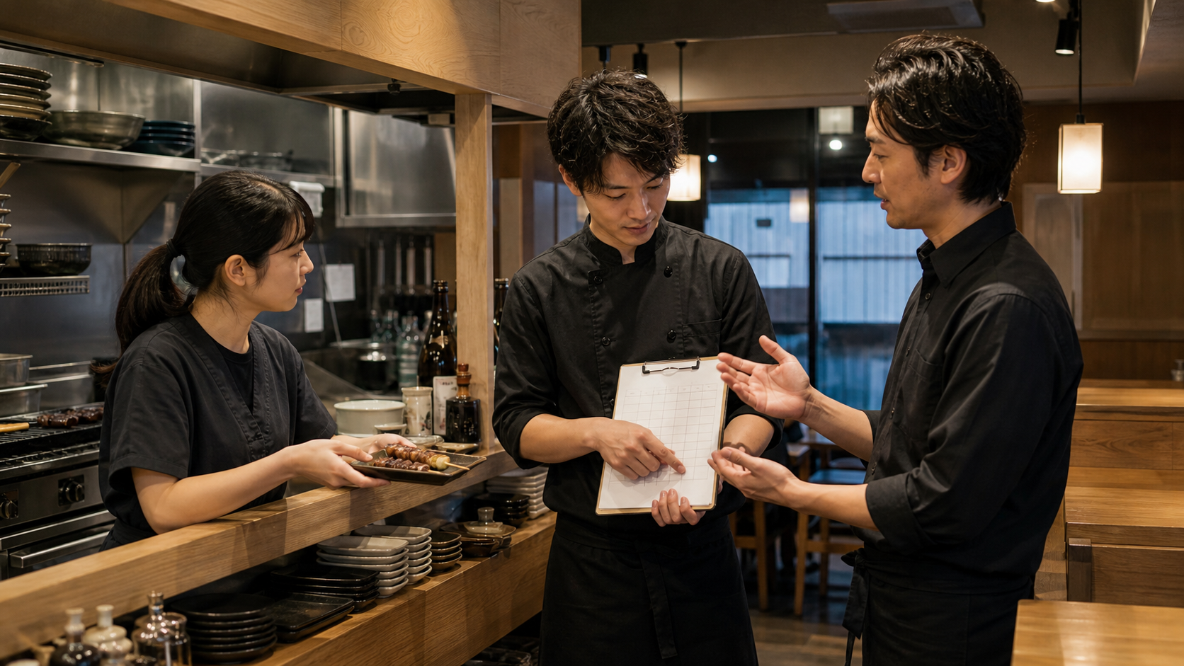 厨房とホールの役割分担を確認する飲食店スタッフ